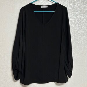 Style Dome Solid Black V-neck Long‎ Sleeve Gathered Cuff Blouse Top Sz 12